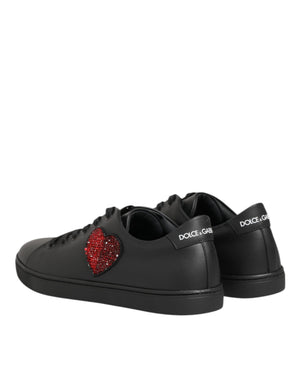 Schwarz Leder Kristall Herz Turnschuhe Schuhe