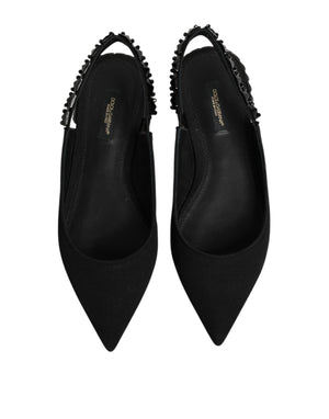 Schwarze Slingback-Schuhe aus Charmeuse mit Kristallen