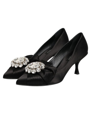 Schwarze Satin-Pumps mit Kristallschleife