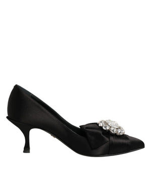 Schwarze Satin-Pumps mit Kristallschleife