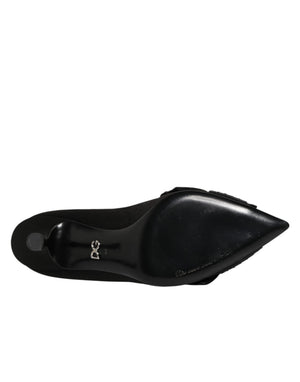 Schwarze Satin-Pumps mit Kristallschleife