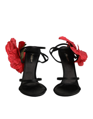 Schwarze Leder-Sandalen mit Riemchen und Blumen-Applikation