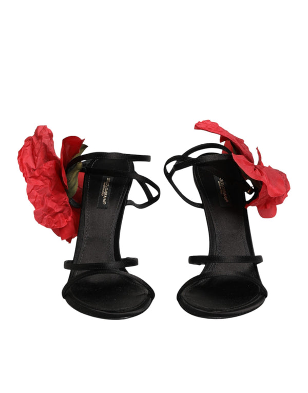 Schwarze Leder-Sandalen mit Riemchen und Blumen-Applikation