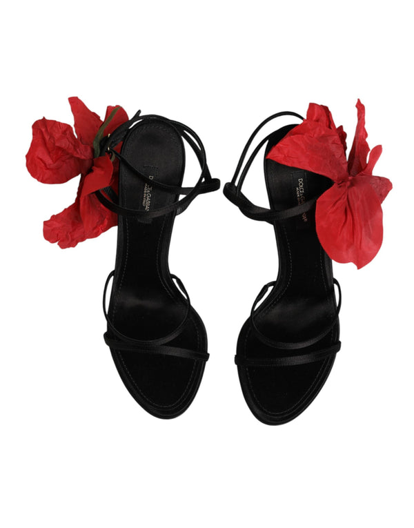 Schwarze Leder-Sandalen mit Riemchen und Blumen-Applikation