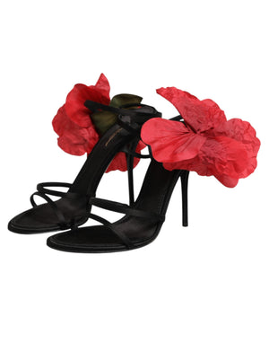 Schwarze Leder-Sandalen mit Riemchen und Blumen-Applikation