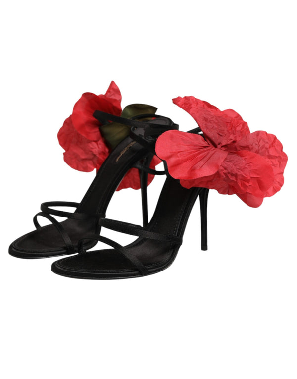 Schwarze Leder-Sandalen mit Riemchen und Blumen-Applikation