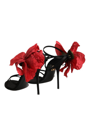 Schwarze Leder-Sandalen mit Riemchen und Blumen-Applikation