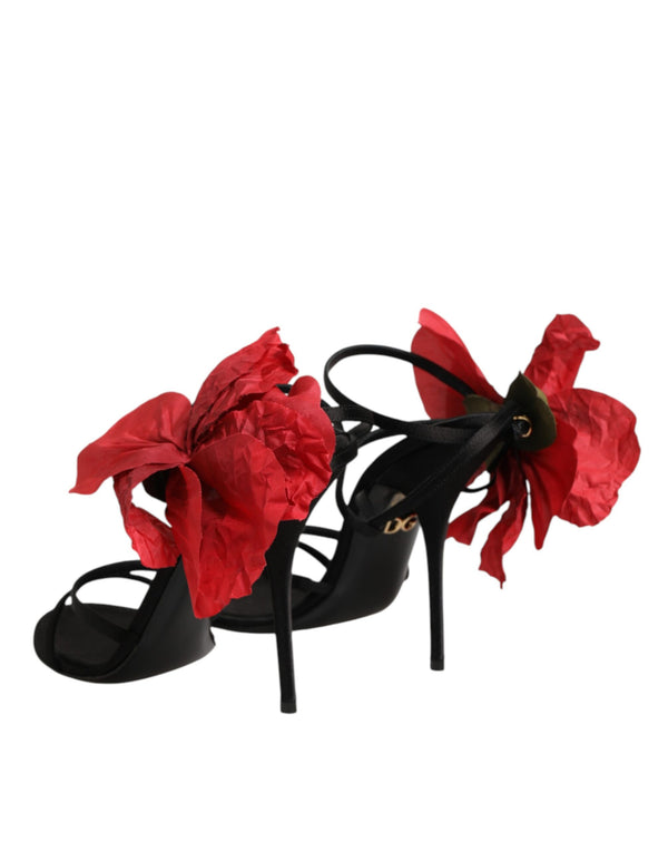 Schwarze Leder-Sandalen mit Riemchen und Blumen-Applikation