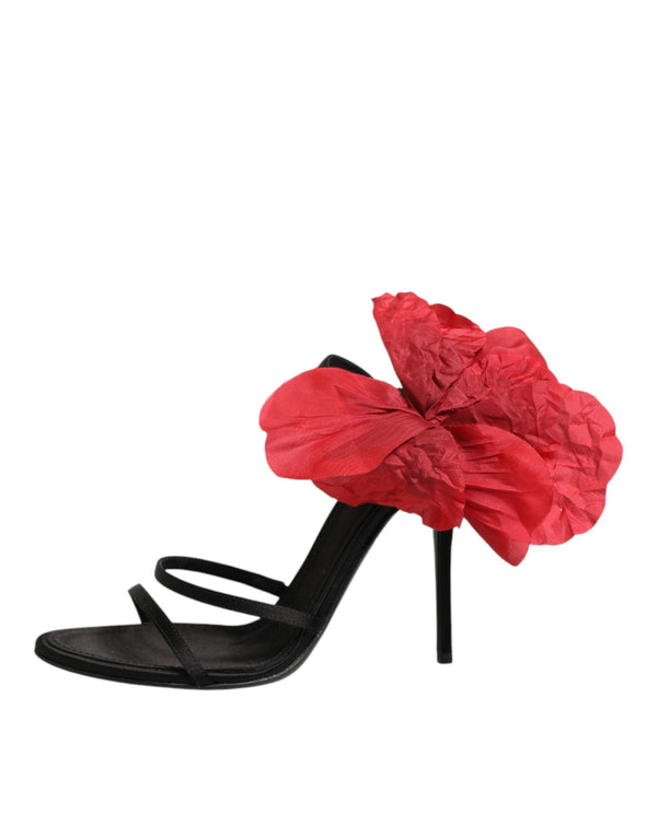 Schwarze Leder-Sandalen mit Riemchen und Blumen-Applikation