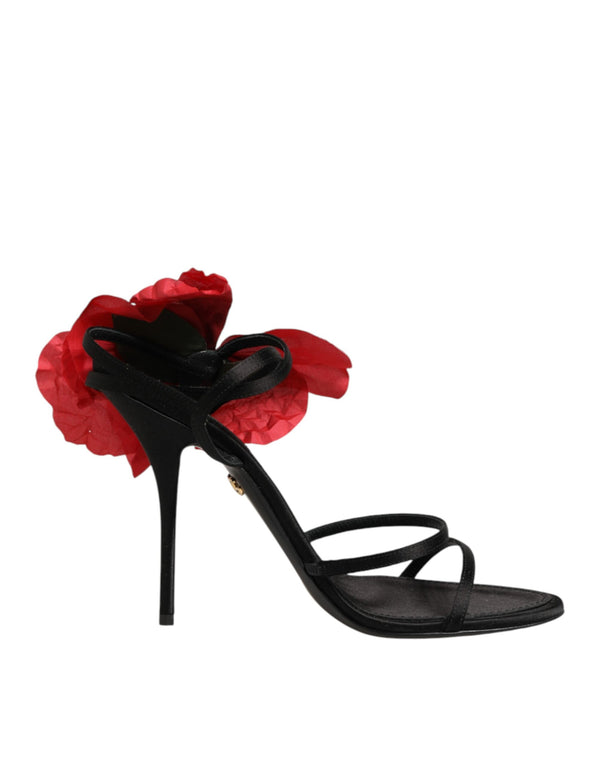 Schwarze Leder-Sandalen mit Riemchen und Blumen-Applikation