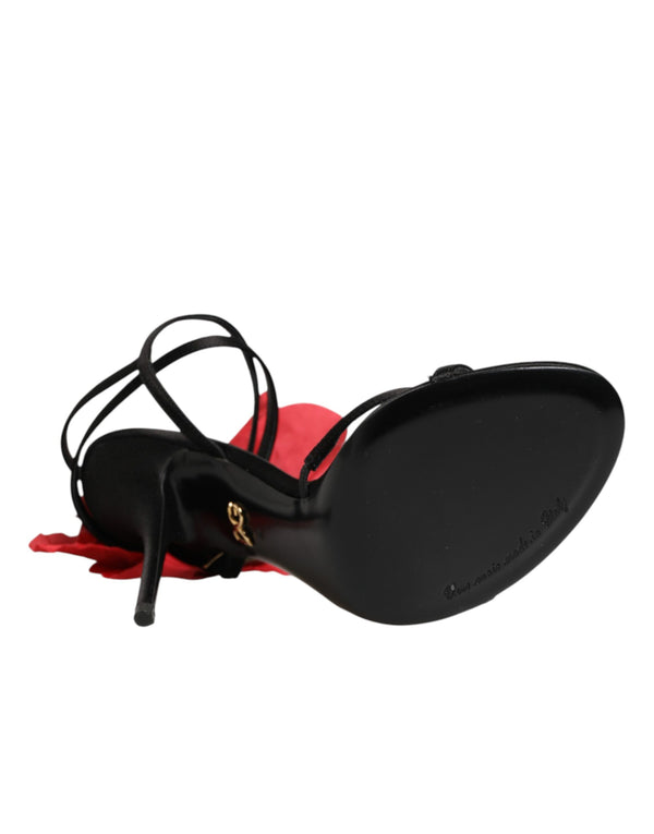 Schwarze Leder-Sandalen mit Riemchen und Blumen-Applikation