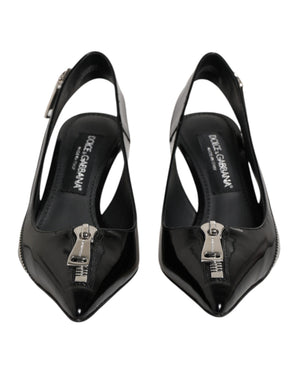 Schwarze Leder-Slingback-Pumps mit Reißverschluss