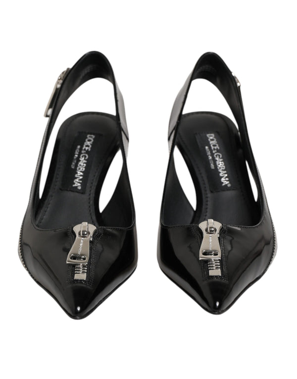 Schwarze Leder-Slingback-Pumps mit Reißverschluss