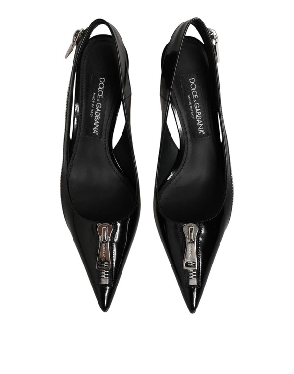Schwarze Leder-Slingback-Pumps mit Reißverschluss