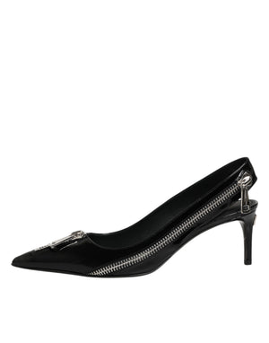 Schwarze Leder-Slingback-Pumps mit Reißverschluss