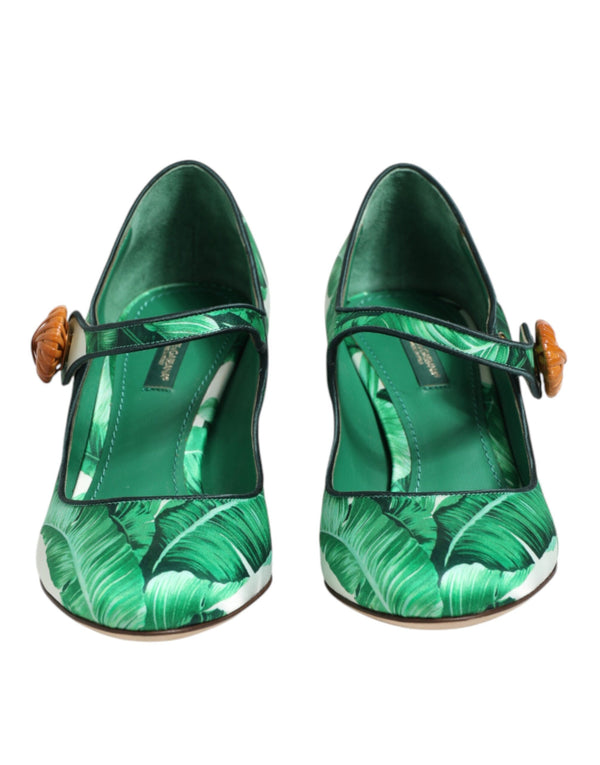 Grüne Seiden-Mary-Janes mit Blatt-Detail