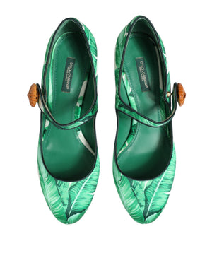 Grüne Seiden-Mary-Janes mit Blatt-Detail