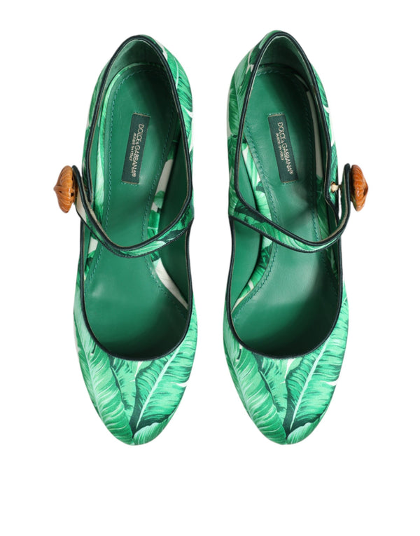 Grüne Seiden-Mary-Janes mit Blatt-Detail