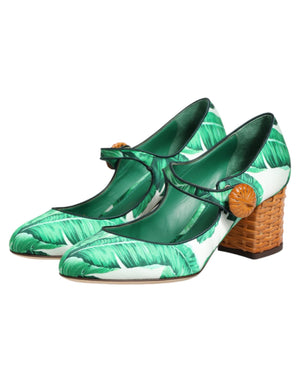 Grüne Seiden-Mary-Janes mit Blatt-Detail