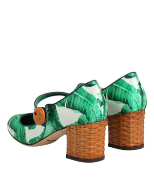 Grüne Seiden-Mary-Janes mit Blatt-Detail