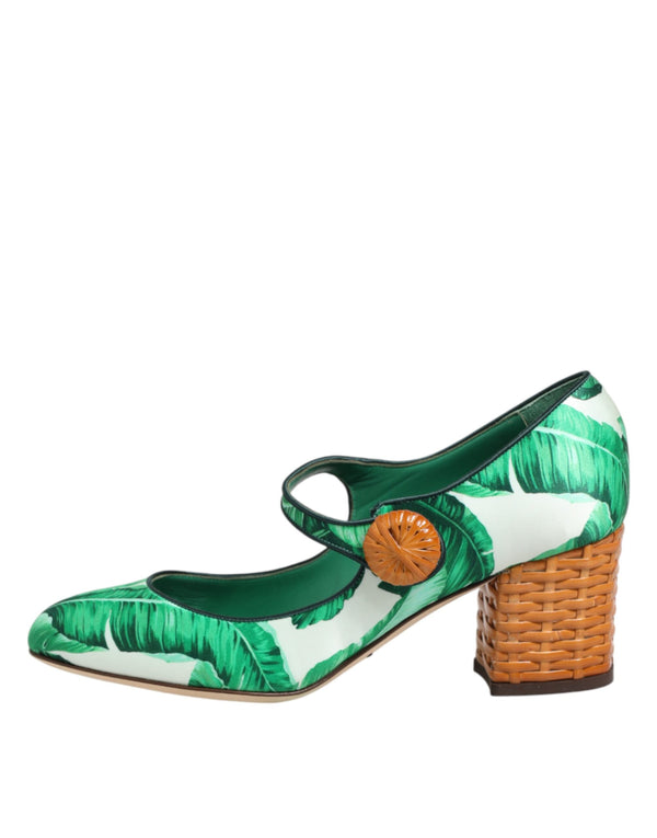 Grüne Seiden-Mary-Janes mit Blatt-Detail