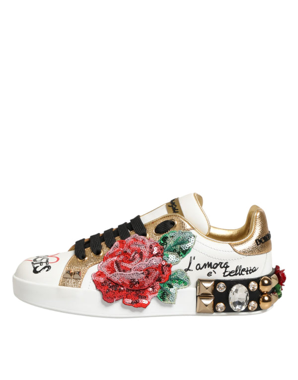 Weiße Leder-Sneaker mit Blumen-Applikationen und Nieten