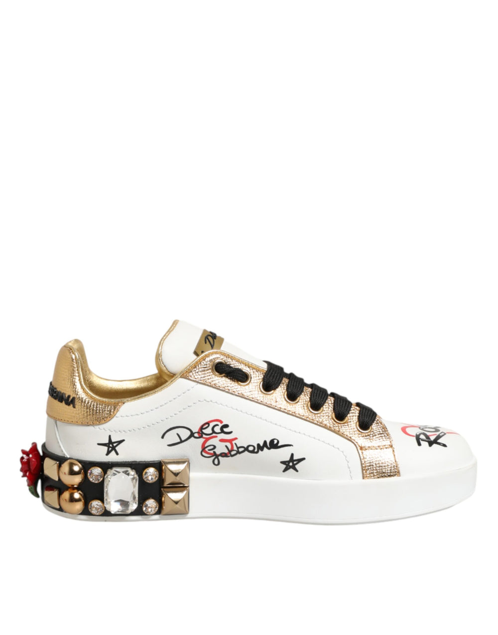 Weiße Leder-Sneaker mit Blumen-Applikationen und Nieten