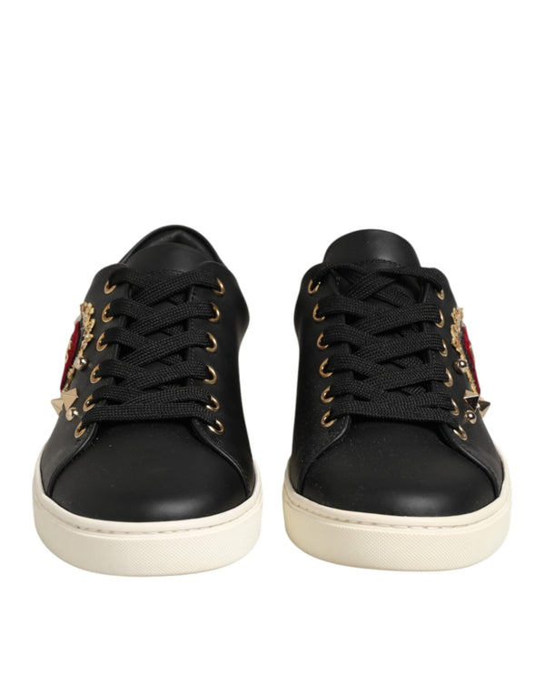 Schwarze Leder-Sneaker mit Sacred-Heart-Motiv