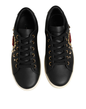 Schwarze Leder-Sneaker mit Sacred-Heart-Motiv