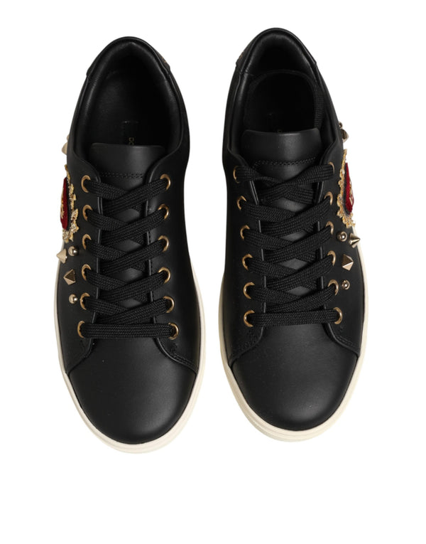 Schwarze Leder-Sneaker mit Sacred-Heart-Motiv