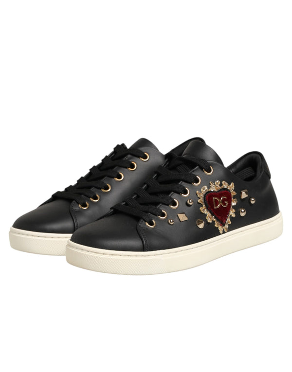 Schwarze Leder-Sneaker mit Sacred-Heart-Motiv