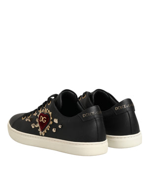 Schwarze Leder-Sneaker mit Sacred-Heart-Motiv