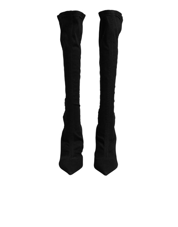 Schwarze Stretch-Stiefel aus Baumwolle mit hohem Absatz