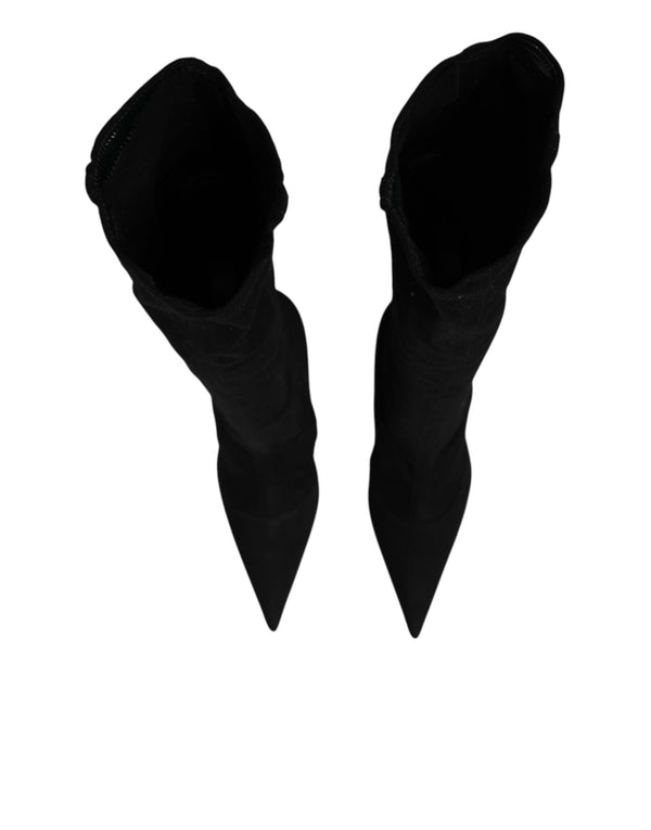 Schwarze Stretch-Stiefel aus Baumwolle mit hohem Absatz