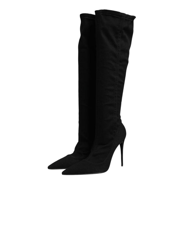 Schwarze Stretch-Stiefel aus Baumwolle mit hohem Absatz