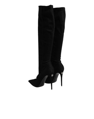 Schwarze Stretch-Stiefel aus Baumwolle mit hohem Absatz