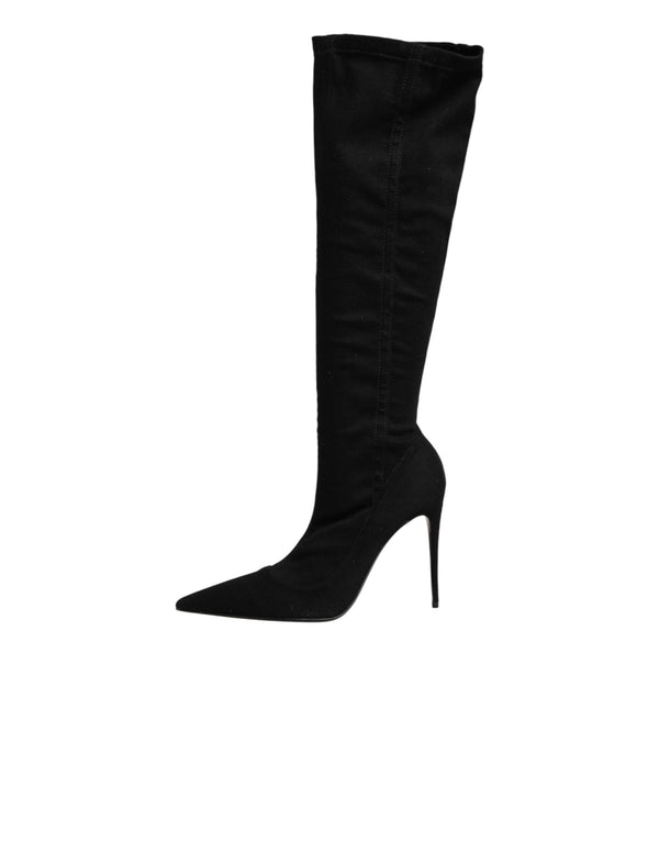 Schwarze Stretch-Stiefel aus Baumwolle mit hohem Absatz