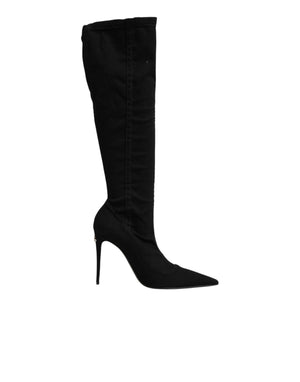Schwarze Stretch-Stiefel aus Baumwolle mit hohem Absatz