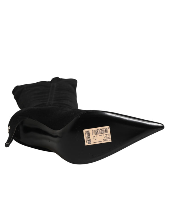 Schwarze Stretch-Stiefel aus Baumwolle mit hohem Absatz
