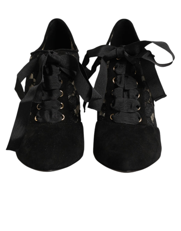 Schwarze Blumen-High-Heels mit Schnürung, Pumps