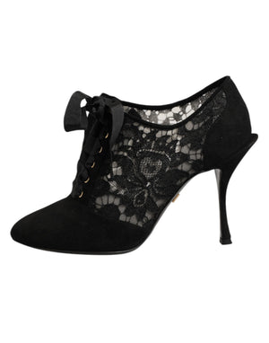 Schwarze Blumen-High-Heels mit Schnürung, Pumps