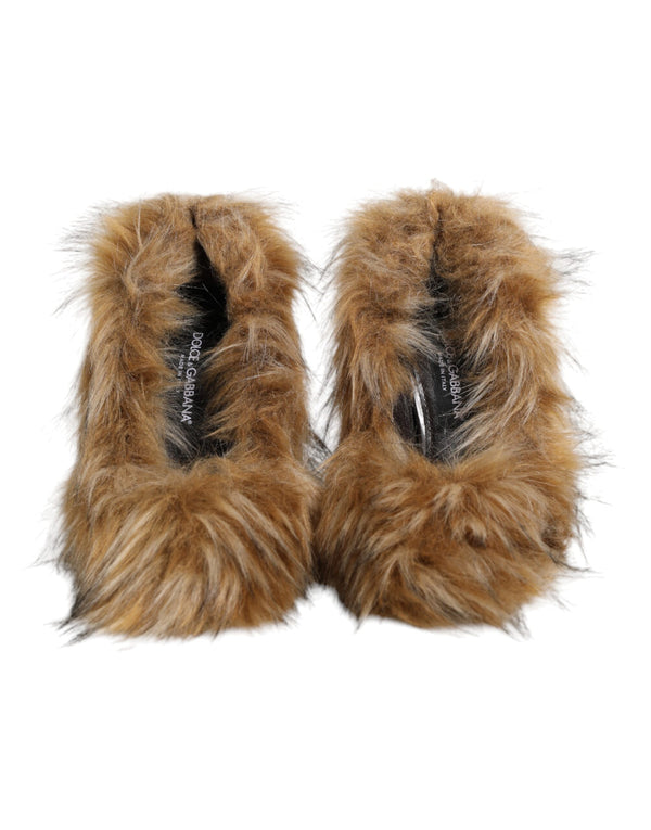 Braune Fellleder-Pumps mit hohem Absatz