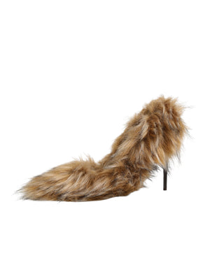 Braune Fellleder-Pumps mit hohem Absatz