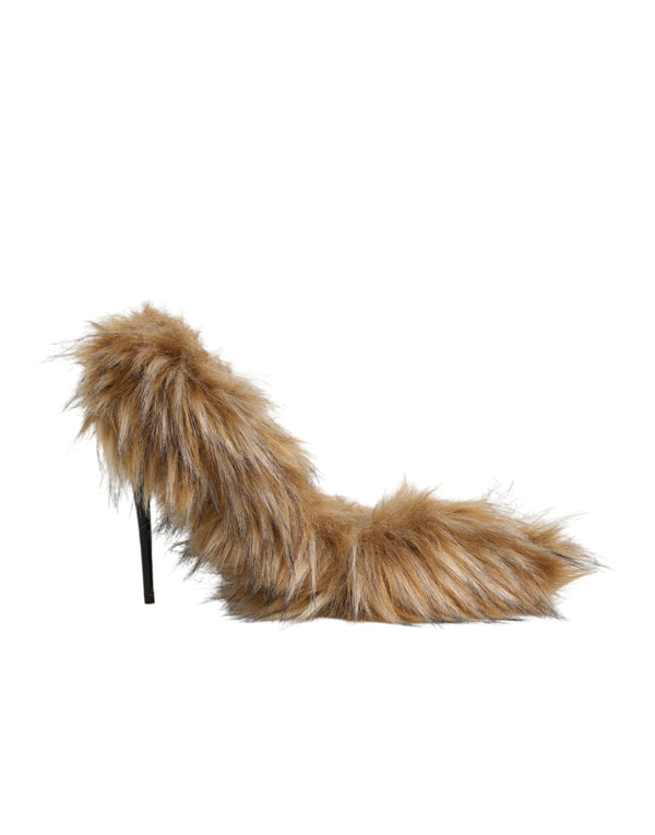 Braune Fellleder-Pumps mit hohem Absatz