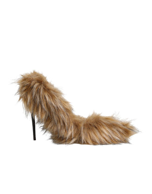 Braune Fellleder-Pumps mit hohem Absatz