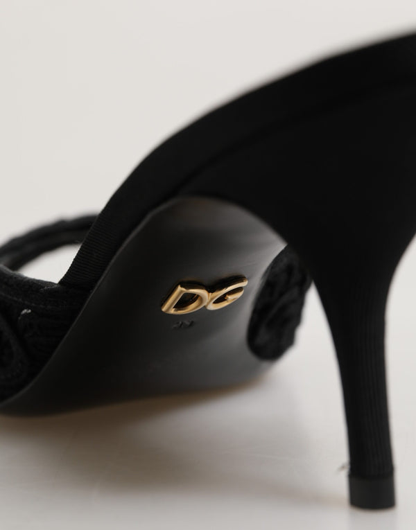 Schwarze bestickte Slip-On-Pantoletten mit Absatz