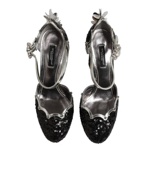 Schwarze Sandalen mit Pailletten und Knöchelriemen