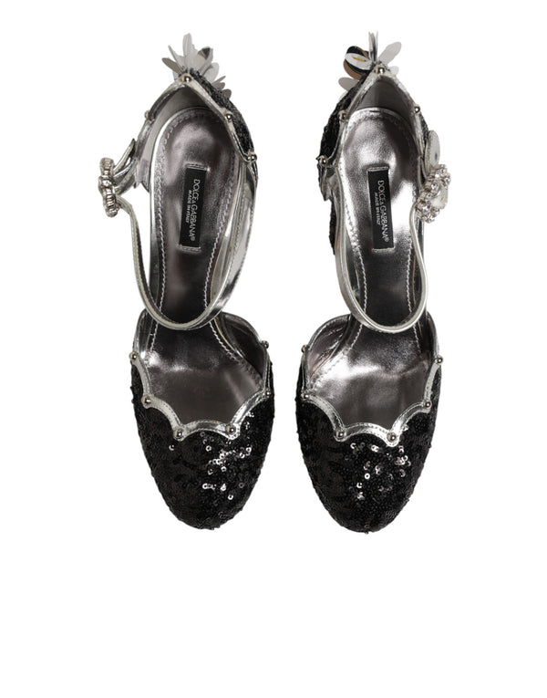 Schwarze Sandalen mit Pailletten und Knöchelriemen