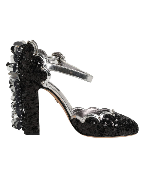 Schwarze Sandalen mit Pailletten und Knöchelriemen
