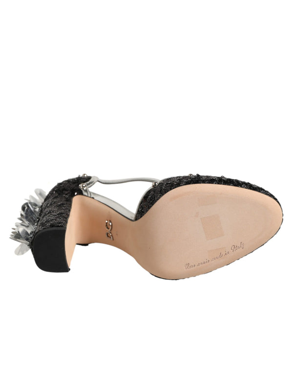 Schwarze Sandalen mit Pailletten und Knöchelriemen